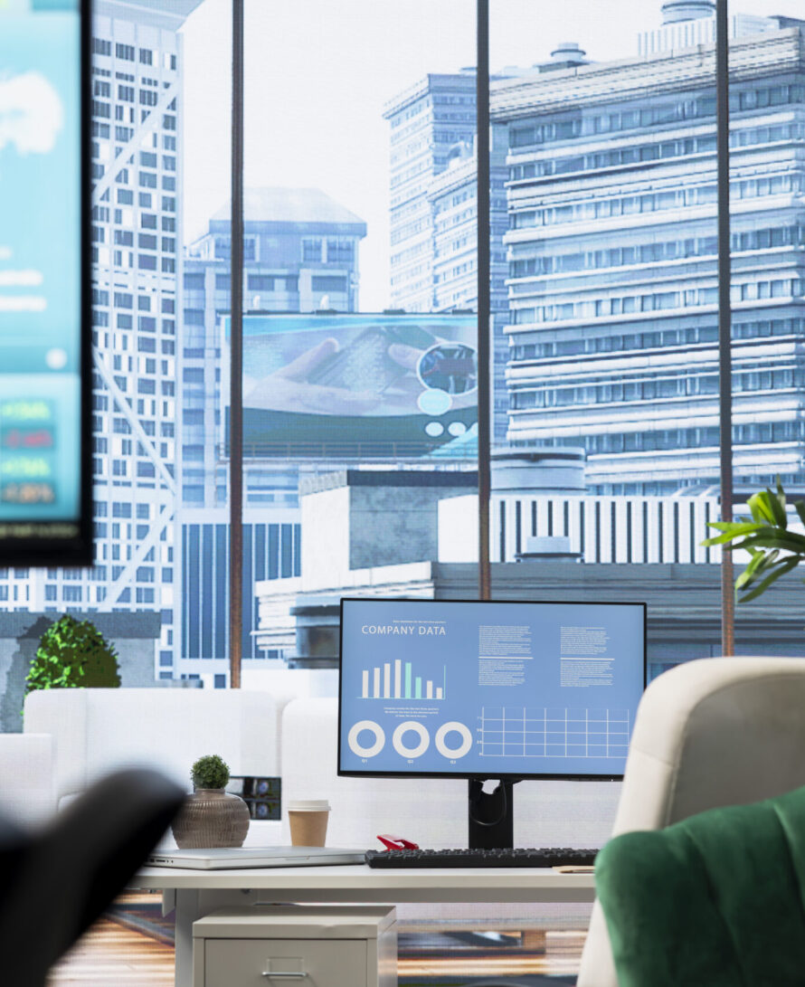 In a professional boardroom, computer screen showcases business data and statistics, aiding executives in strategy planning. Empty office space for meeting to help with workflow optimization.